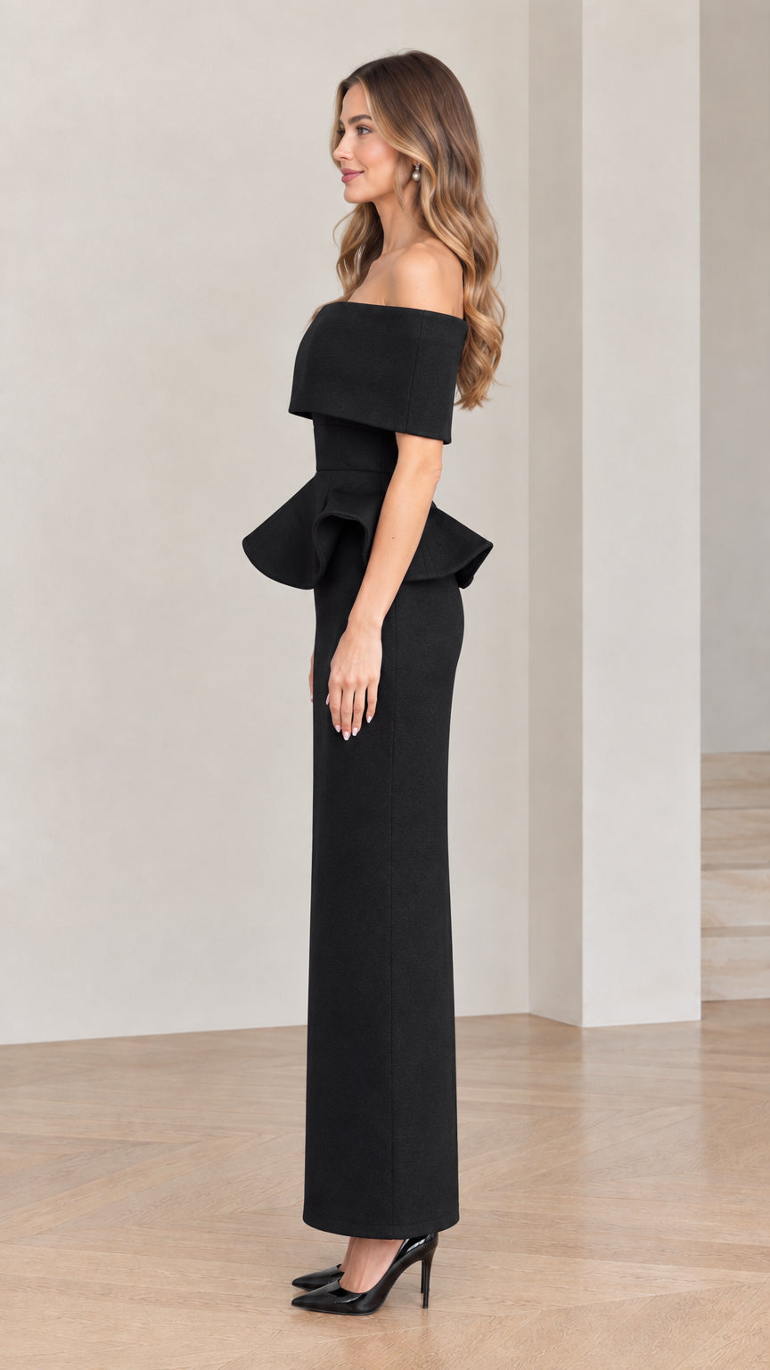 Side profile of woman in black off-the-shoulder column evening gown