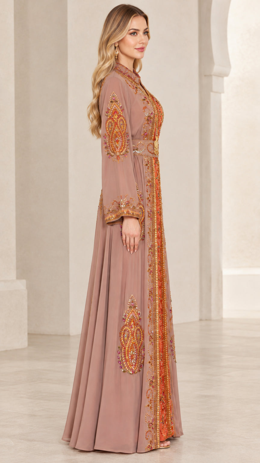 Side profile view of dusty rose long sleeve embroidered kaftan dress