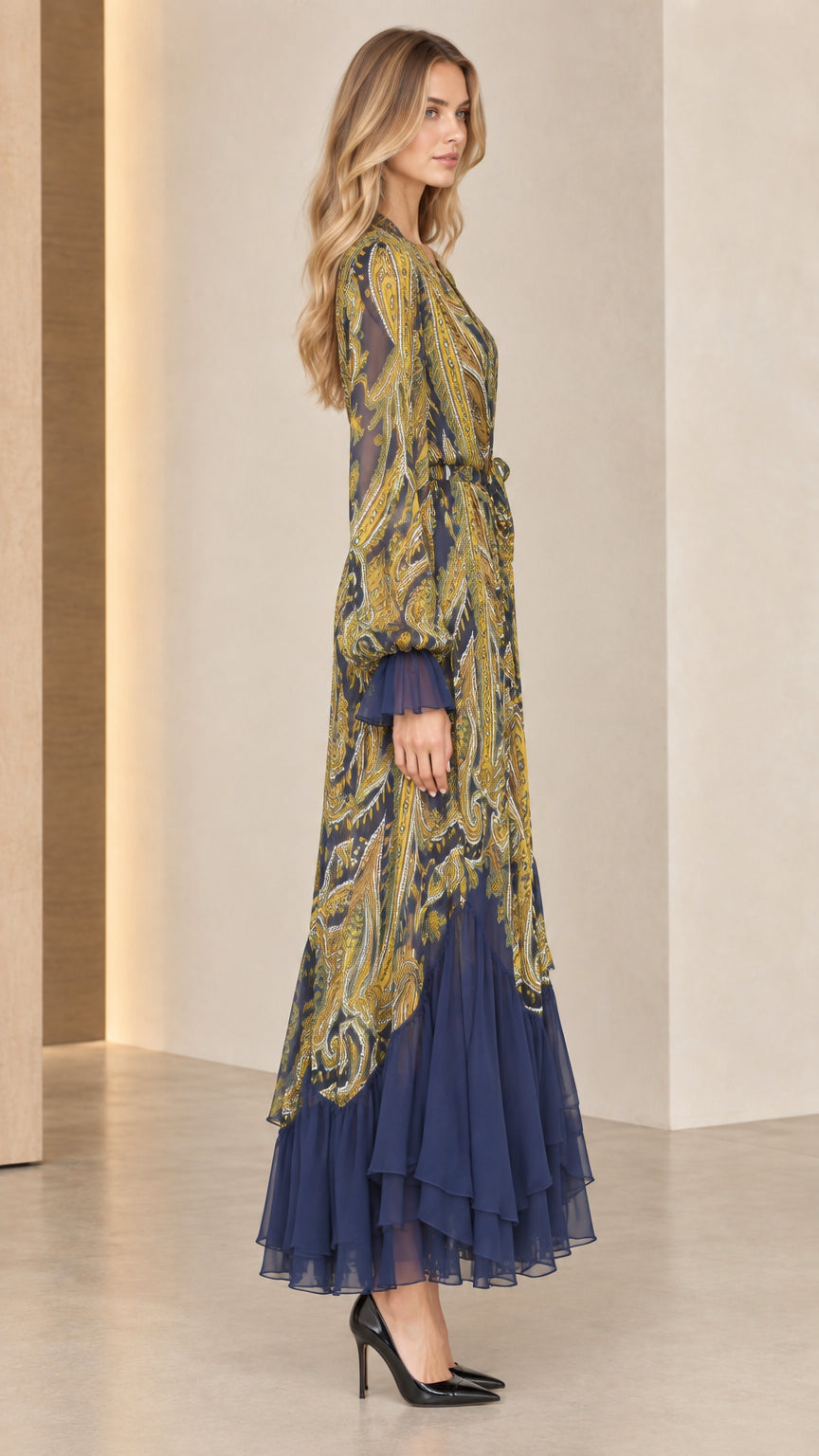 Side profile of model wearing Navy Blue paisley print long sleeve maxi dress