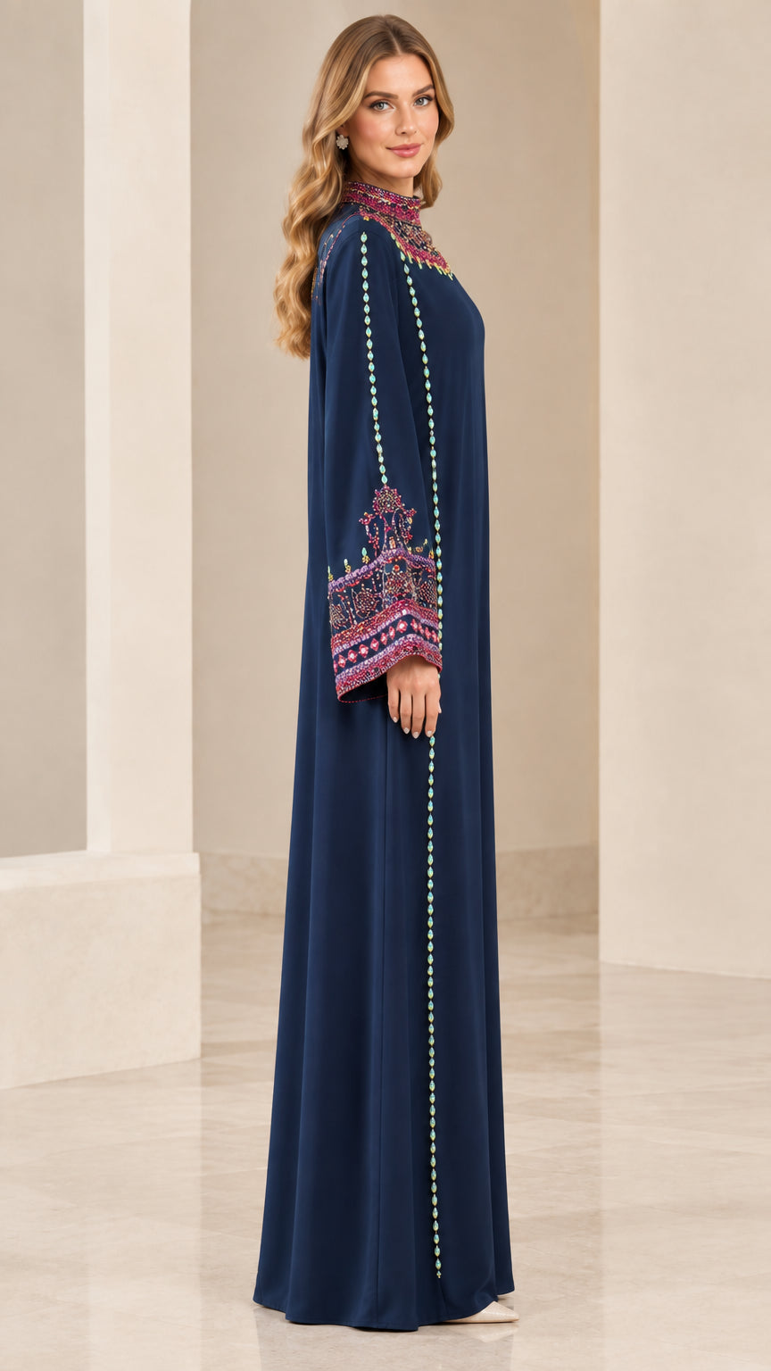 Side profile of model wearing Navy Blue beaded long sleeve maxi dress