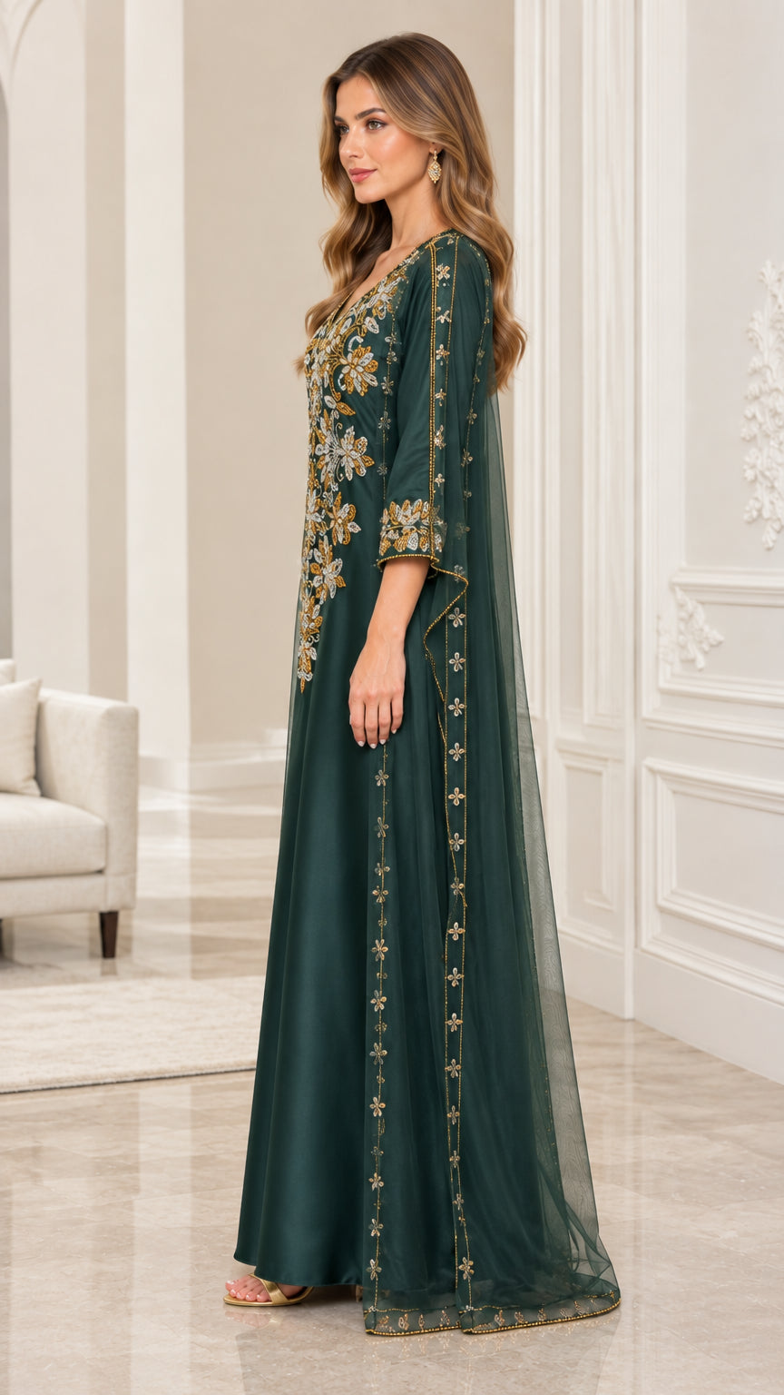 Side view of Emerald Green embroidered kaftan dress showing draped sheer cape