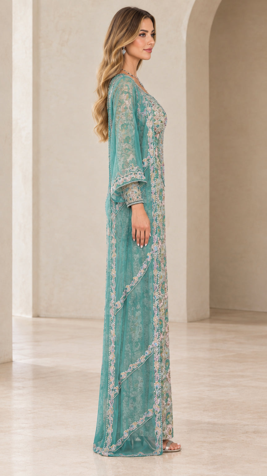 Teal floral embroidered kaftan dress side angle view
