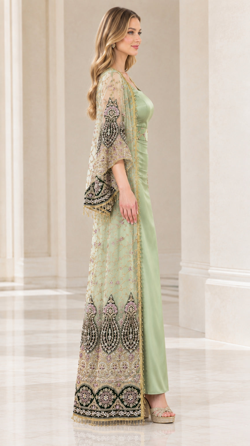 Side profile of sage green two-piece formal gown set showcasing bell sleeves and embroidery