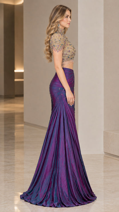 Side profile of royal purple embellished crop top and draped mermaid skirt