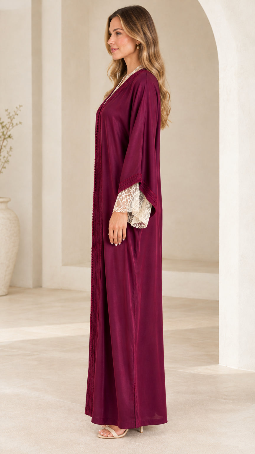 Burgundy modest kaftan maxi dress side view showing flowing drape