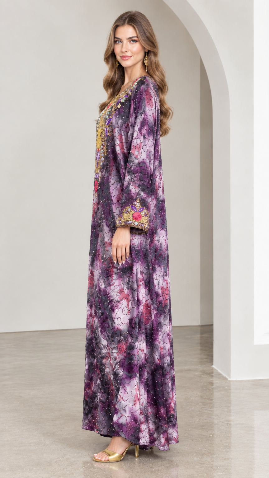 Side profile view of purple tie-dye beaded kaftan maxi dress