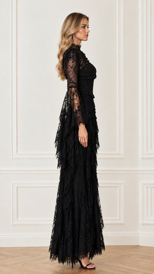 Side profile view showing the slim fit and dramatic sleeve drape of the black lace gown