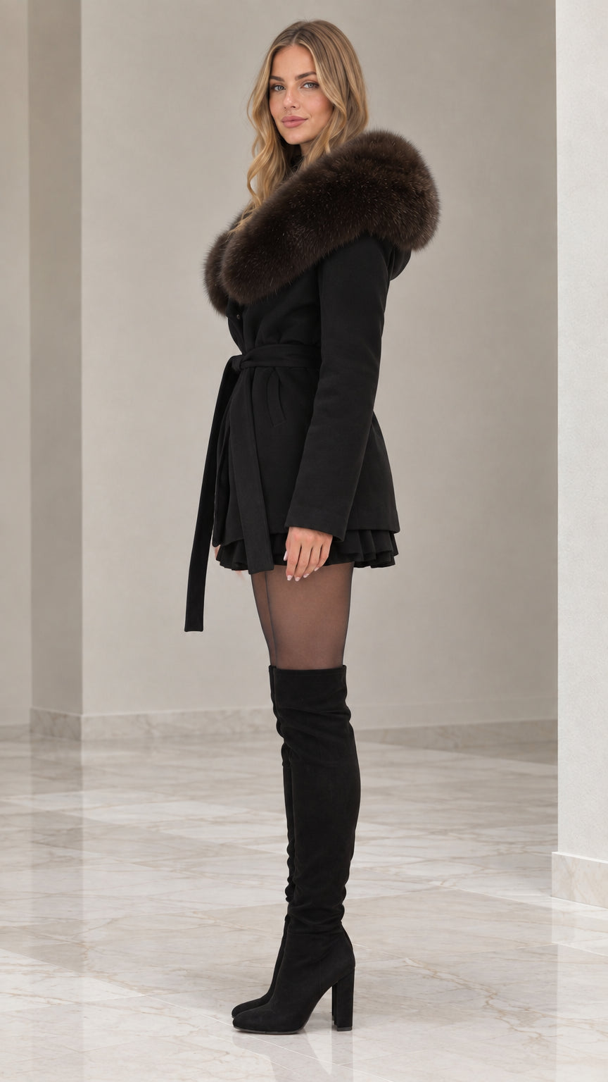 Side profile view of model wearing black hooded belted coat with plush faux fur trim