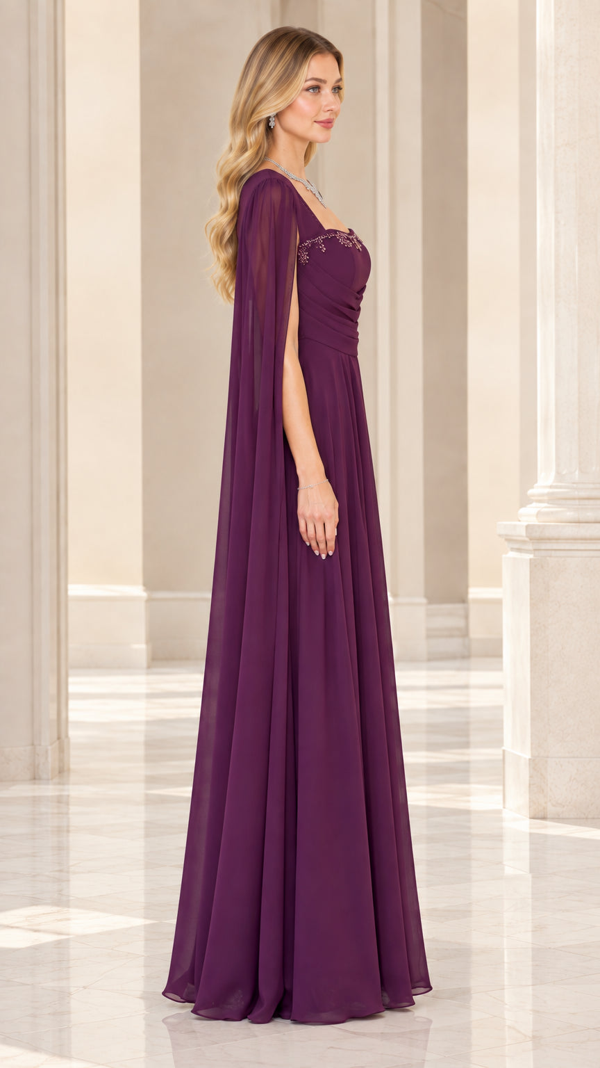 Side profile view of plum floor-length chiffon dress showing graceful cape drape