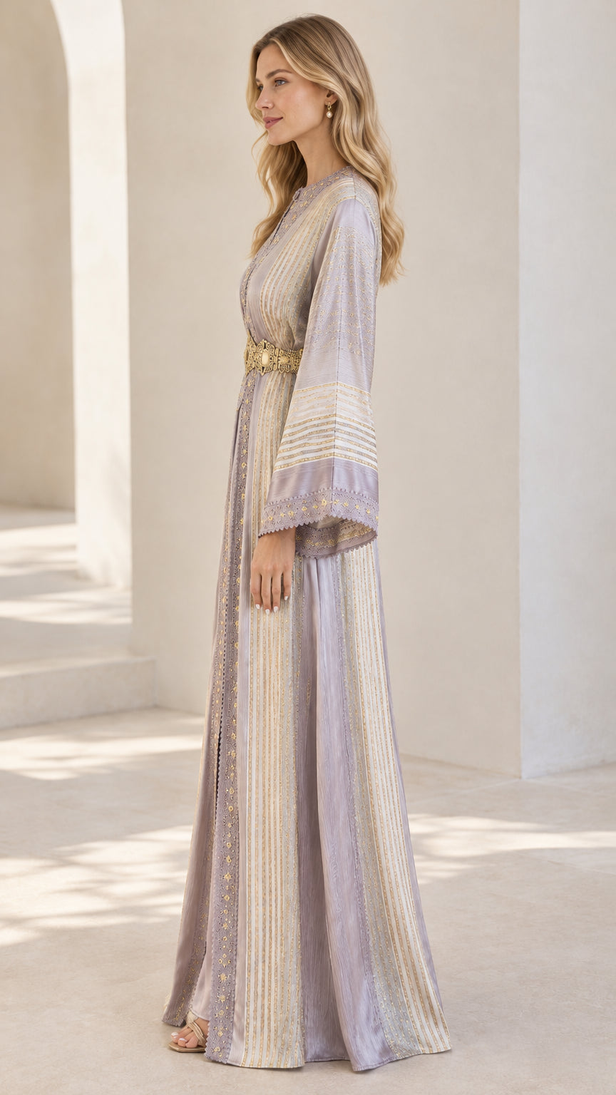 Lavender modest kaftan dress with bell sleeves side profile view