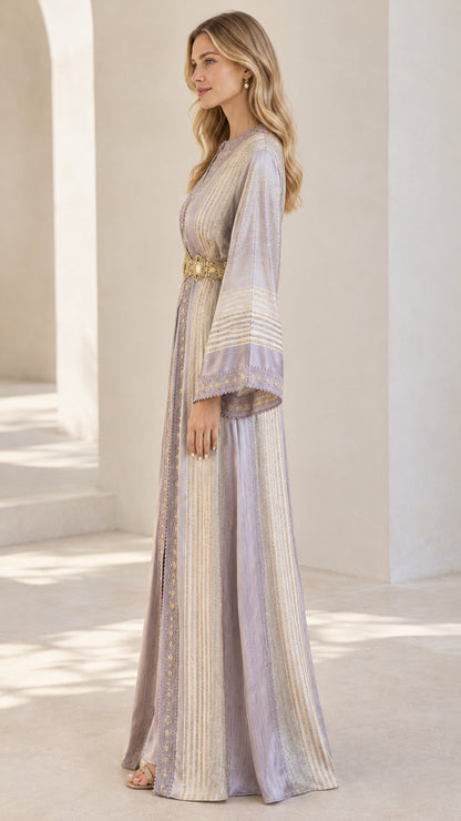 Lavender modest kaftan dress with bell sleeves side profile view