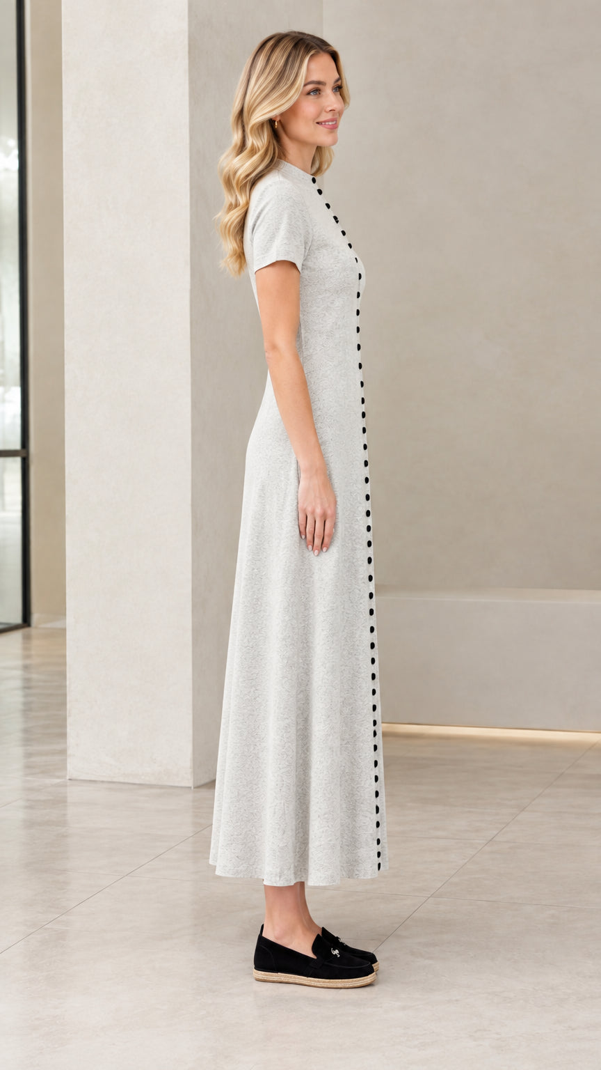 Side profile view of woman wearing Heather Grey button-front maxi dress