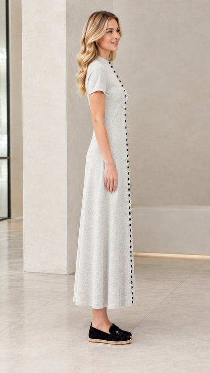 Side profile view of woman wearing Heather Grey button-front maxi dress