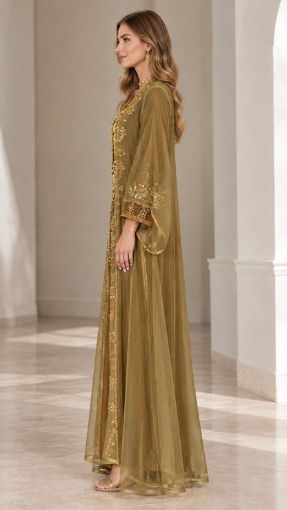 Olive Gold embroidered sheer overlay kaftan dress side view