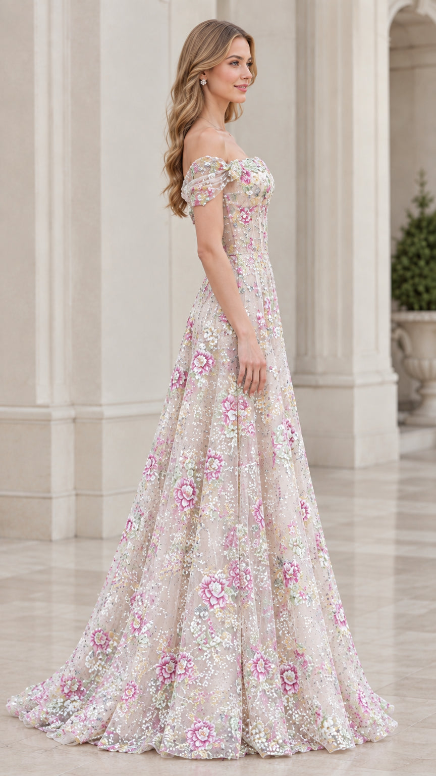Side profile view of champagne floral sequin evening gown
