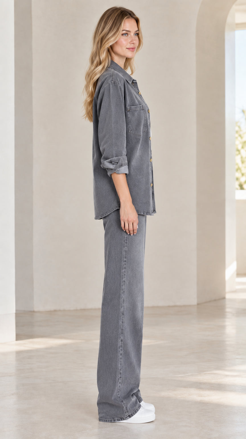 Side profile view of model wearing washed grey matching pant set