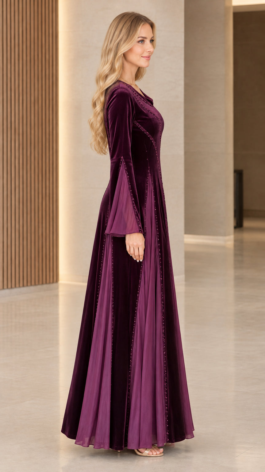 Plum velvet maxi dress side profile showing sleeve drape and paneled skirt