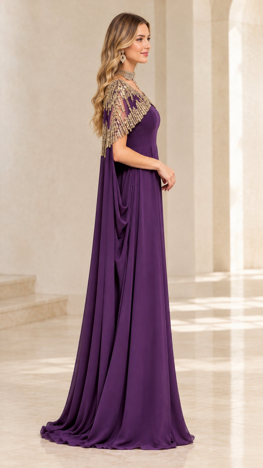 Side profile view of purple cape evening gown showing fluid drape