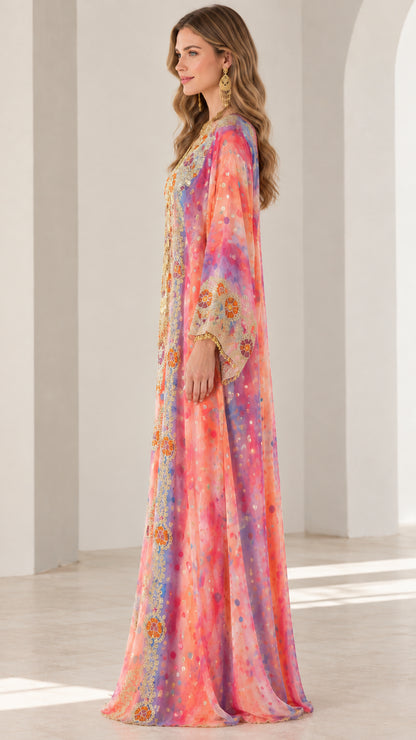 Side profile of sunset multi color embroidered kaftan maxi dress