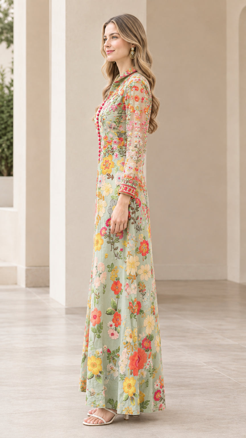 Side profile view of model wearing sage green floral maxi dress
