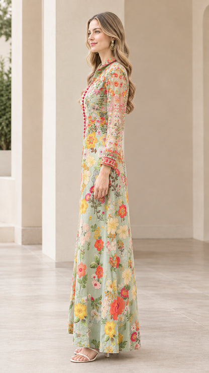 Side profile view of model wearing sage green floral maxi dress