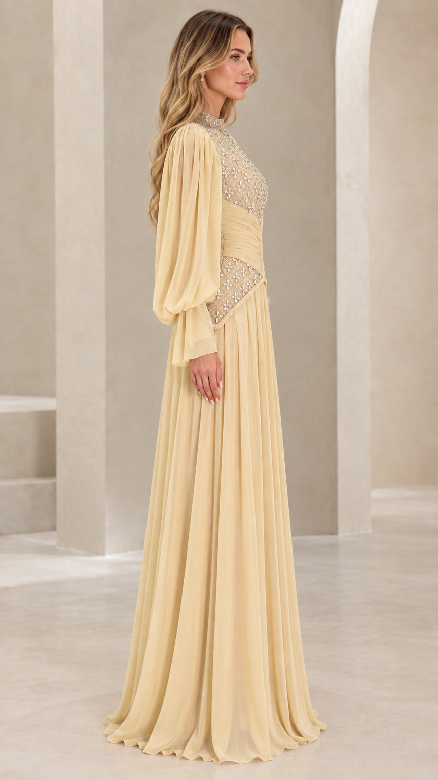 Champagne long sleeve formal gown side angle view