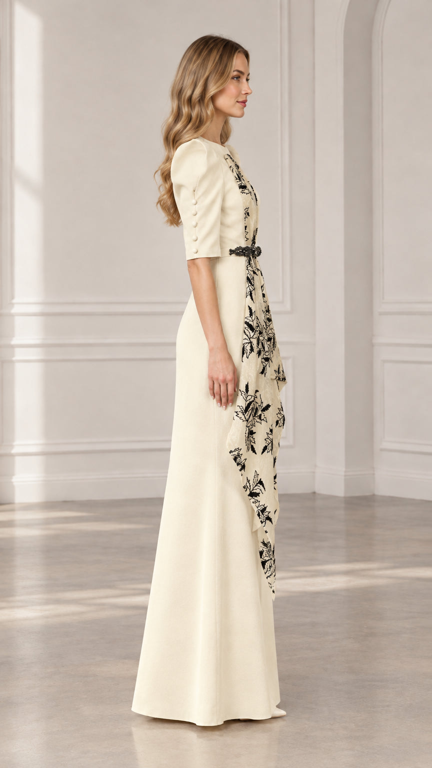 Ivory half sleeve formal dress side view showing draped sash