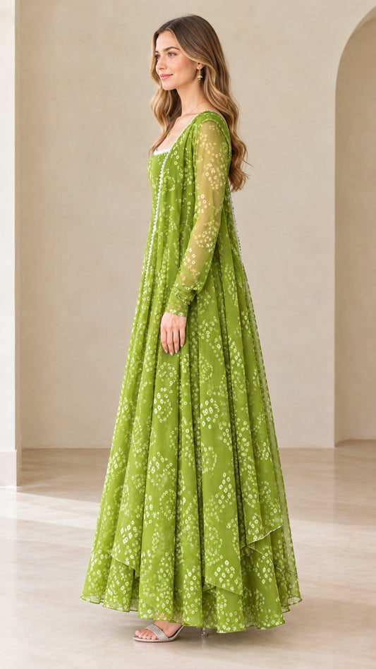Side angle view of woman in flowing olive green flared anarkali gown