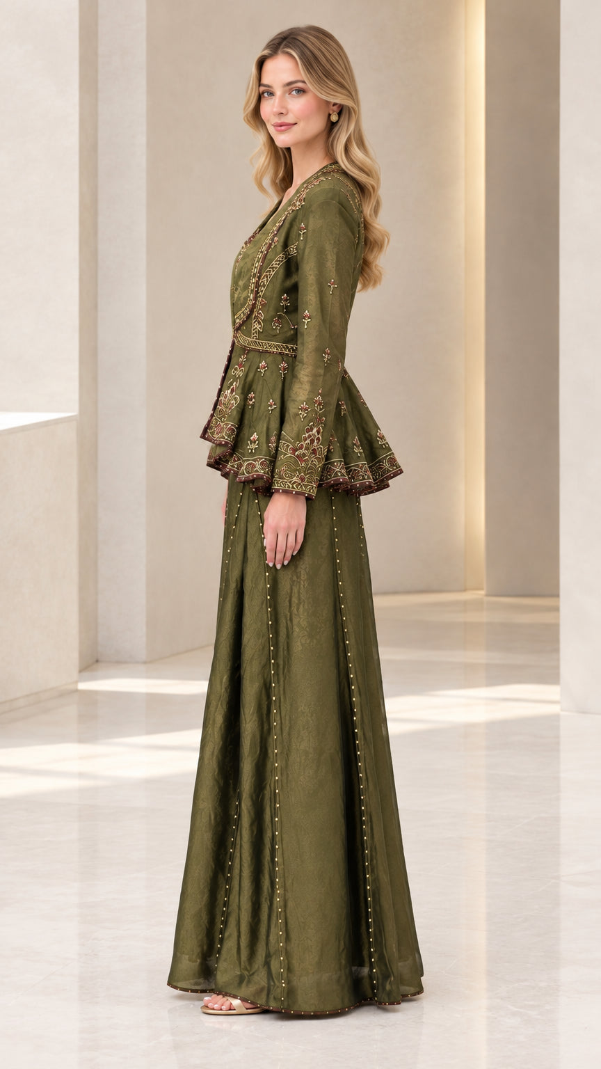 Side profile view of olive green embroidered peplum jacket and palazzo pant set