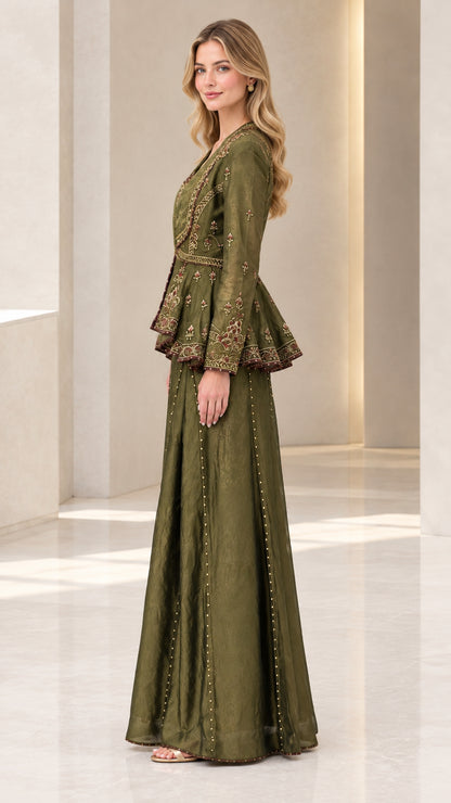 Side profile view of olive green embroidered peplum jacket and palazzo pant set