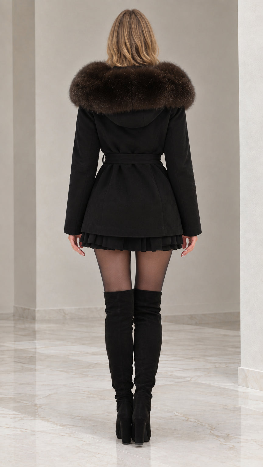 Back view of model in black belted outerwear showing hooded design and ruffle hem
