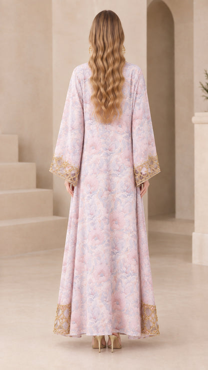 Back view of dusty pink floral embroidered kaftan maxi dress