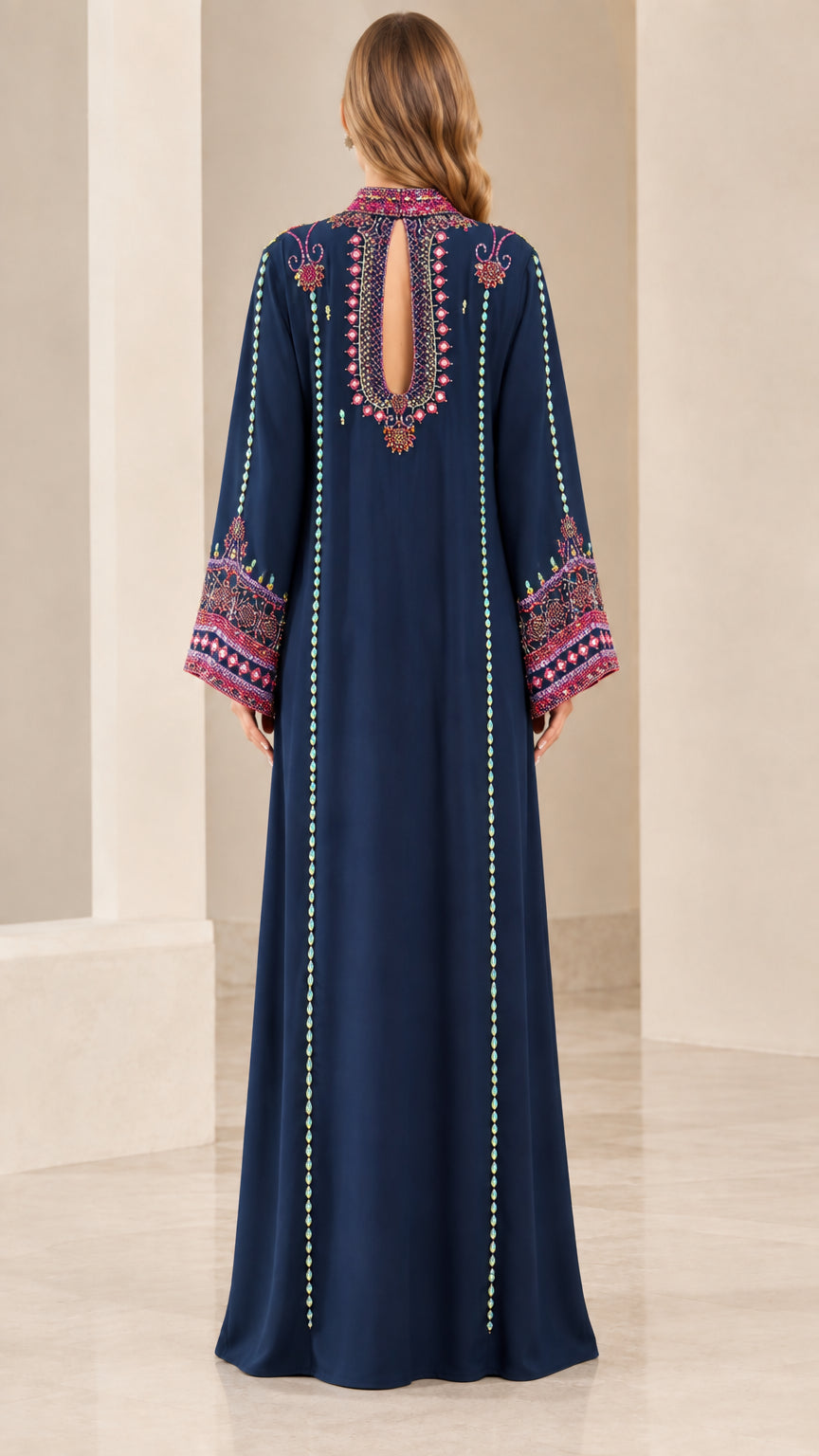 Back view of model showing keyhole back detail on Navy Blue kaftan dress