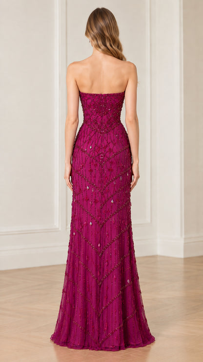 Strapless beaded column evening gown in magenta back view