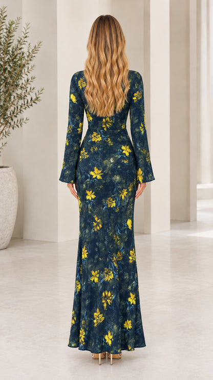 Back view of Navy Blue flare sleeve maxi dress showing sleek drape
