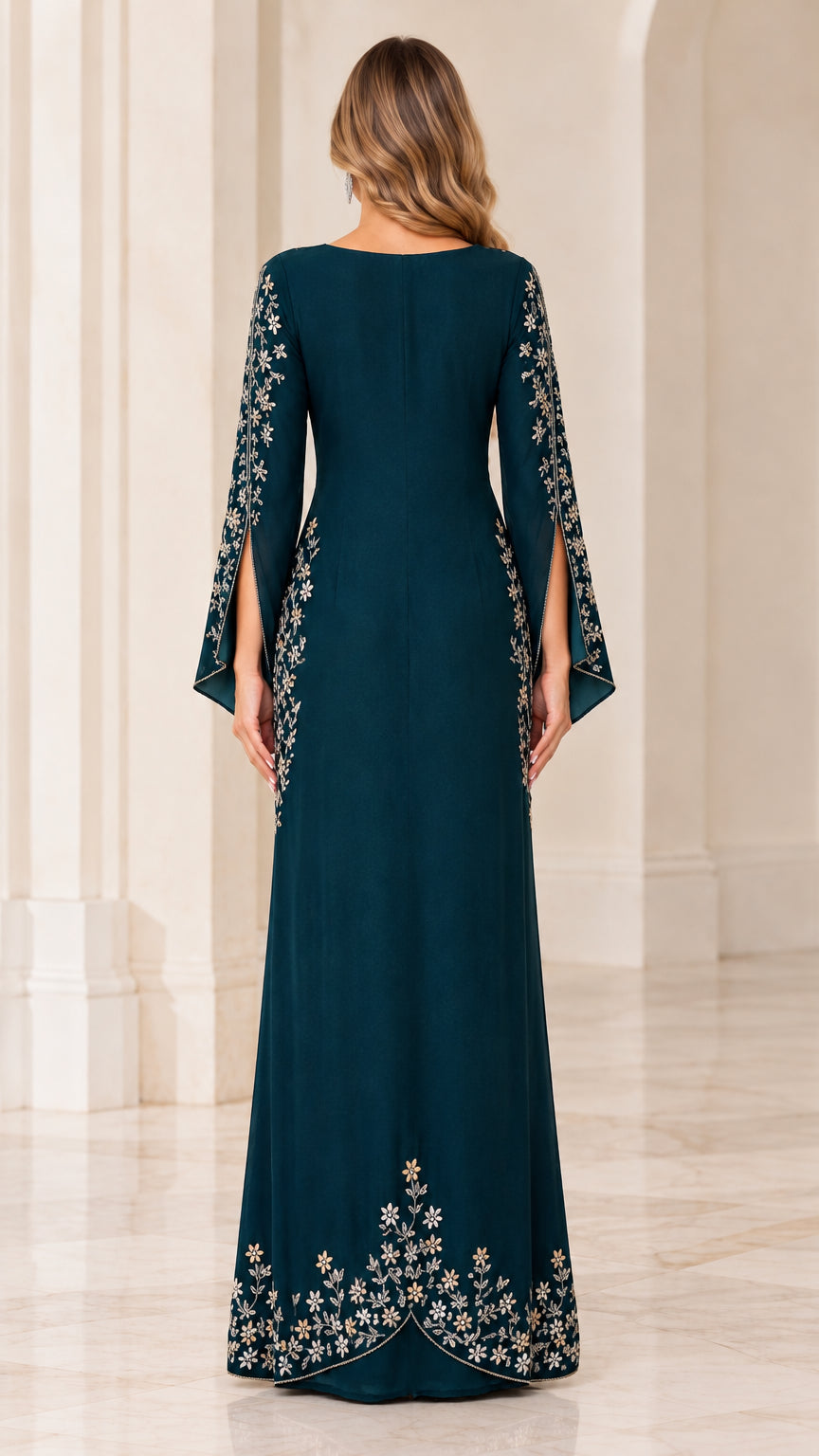 Back view of model wearing Dark Teal column maxi dress with long split sleeves