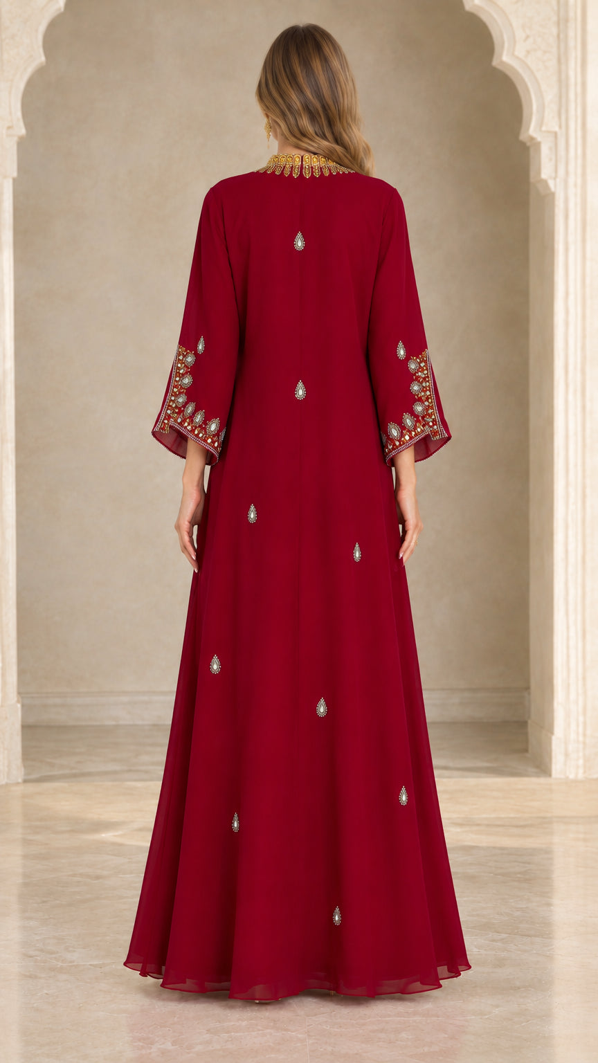 Back view of burgundy flowing evening kaftan dress