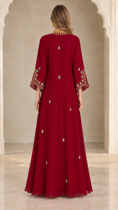 Back view of burgundy flowing evening kaftan dress