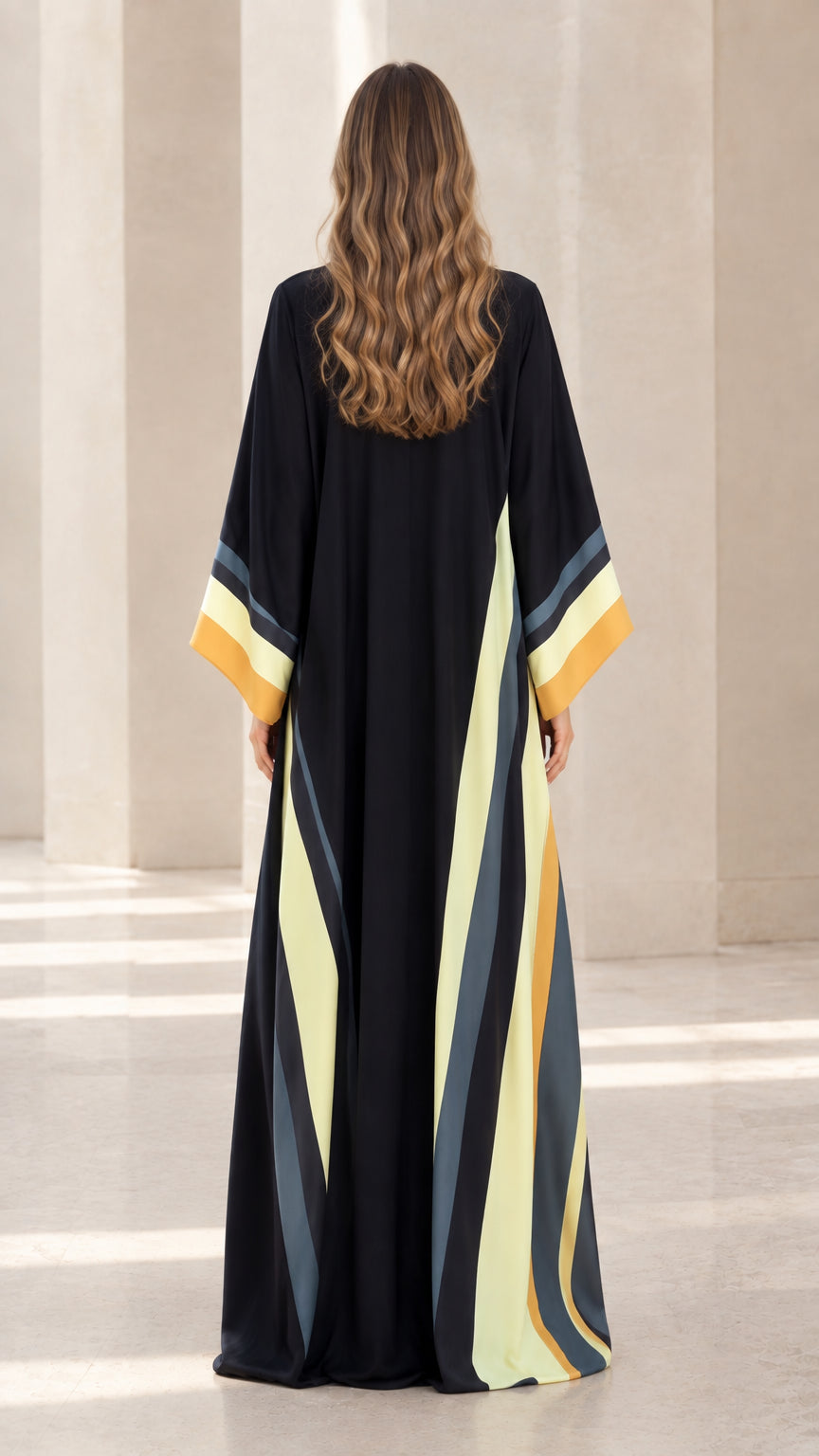 Back view of black maxi kimono duster with vertical geometric colorblock panels