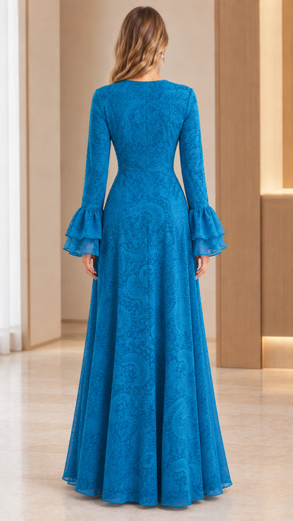 Back full-length view of ocean blue long sleeve maxi dress