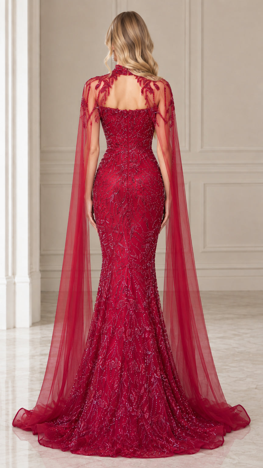 Back view of burgundy formal evening dress featuring delicate cut-out and sweeping train