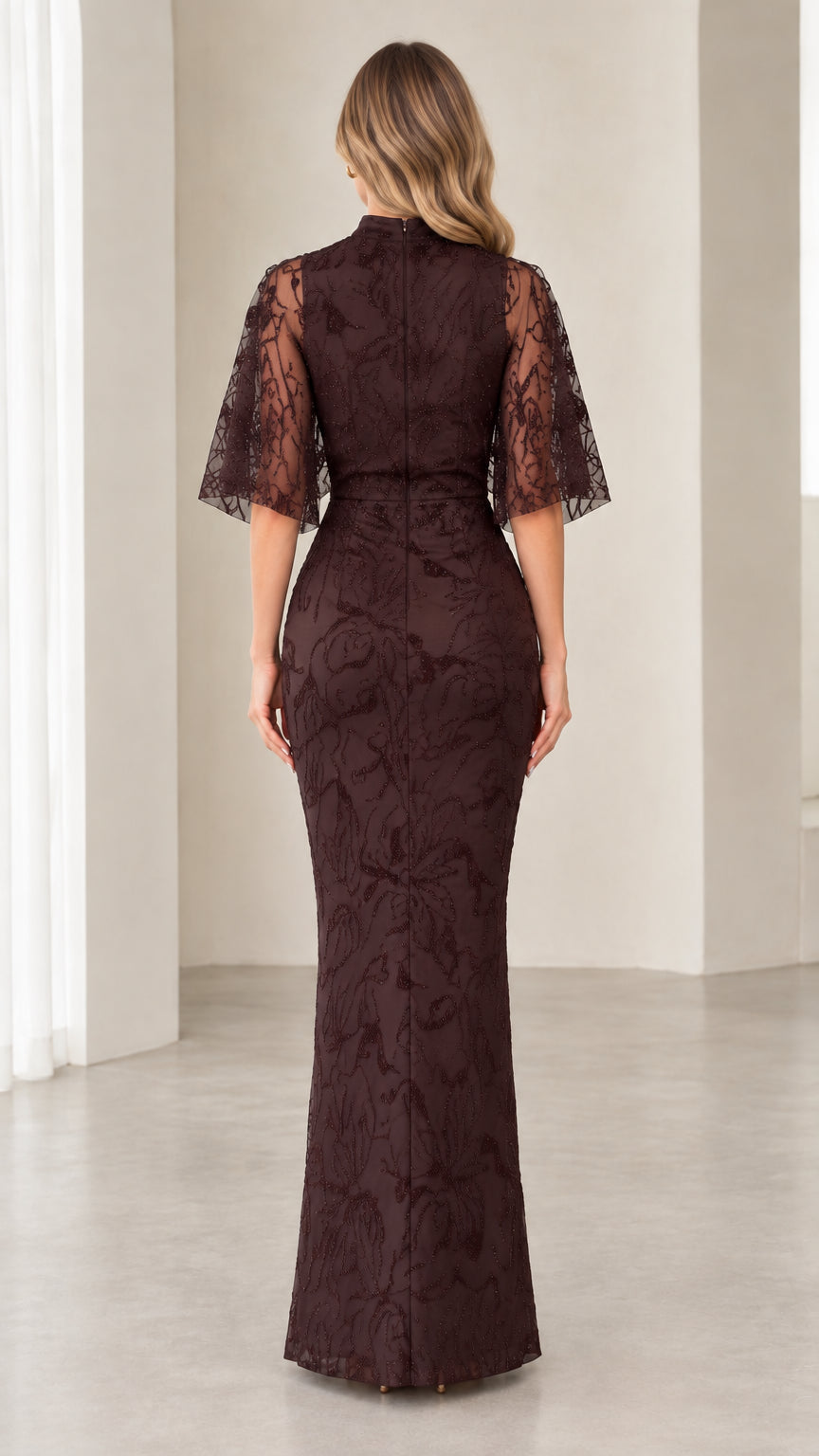 Back view of Chocolate Brown floor-length capelet sleeve formal gown