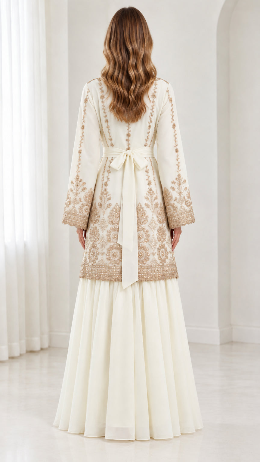 Back full-length view of ivory embroidered modest evening set showing tie-back ribbon detail