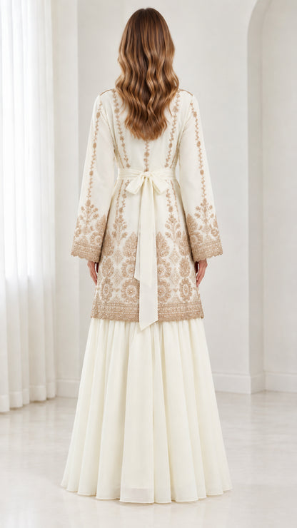 Back full-length view of ivory embroidered modest evening set showing tie-back ribbon detail
