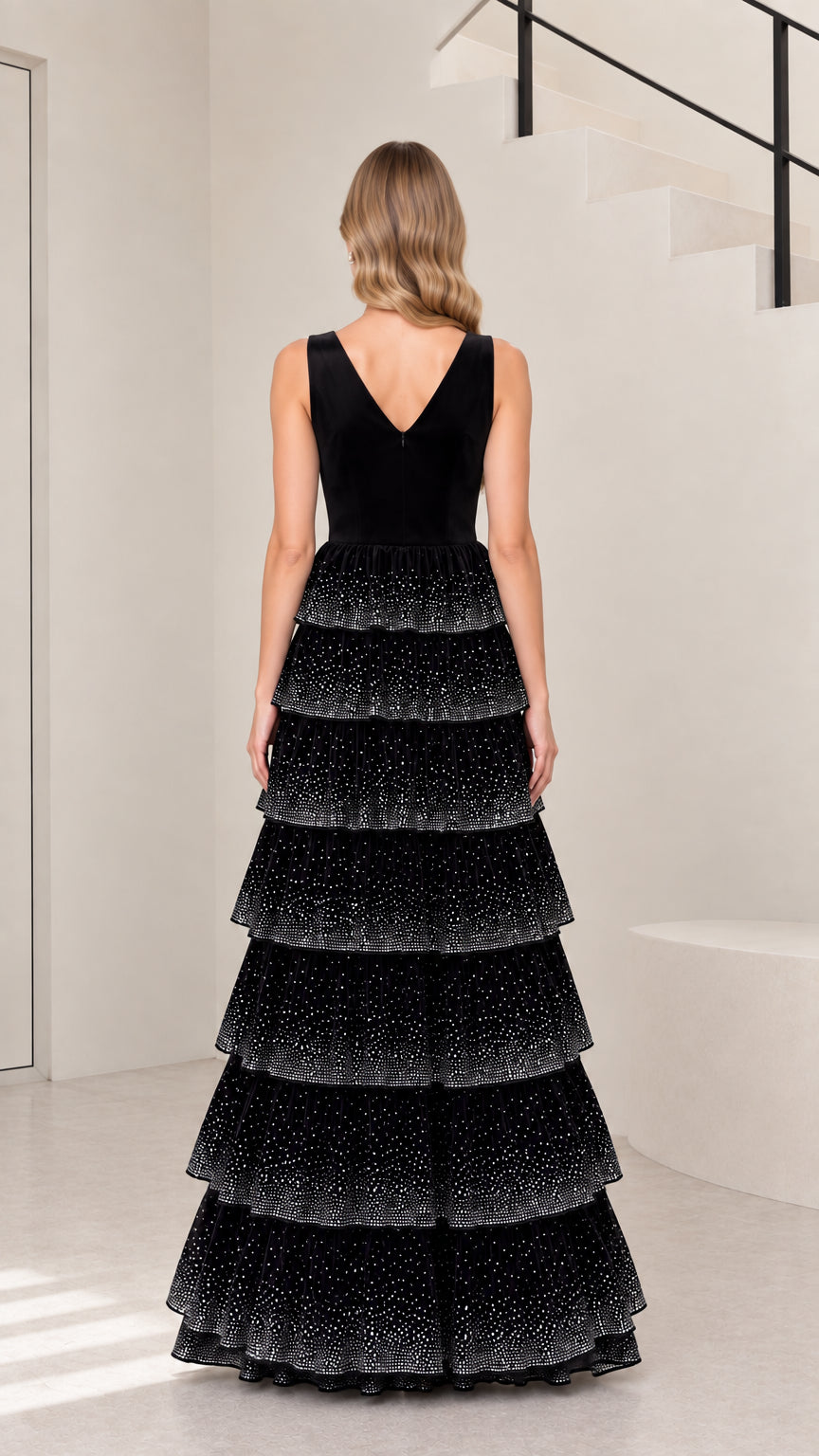 Back view of black velvet V-back tiered formal maxi dress