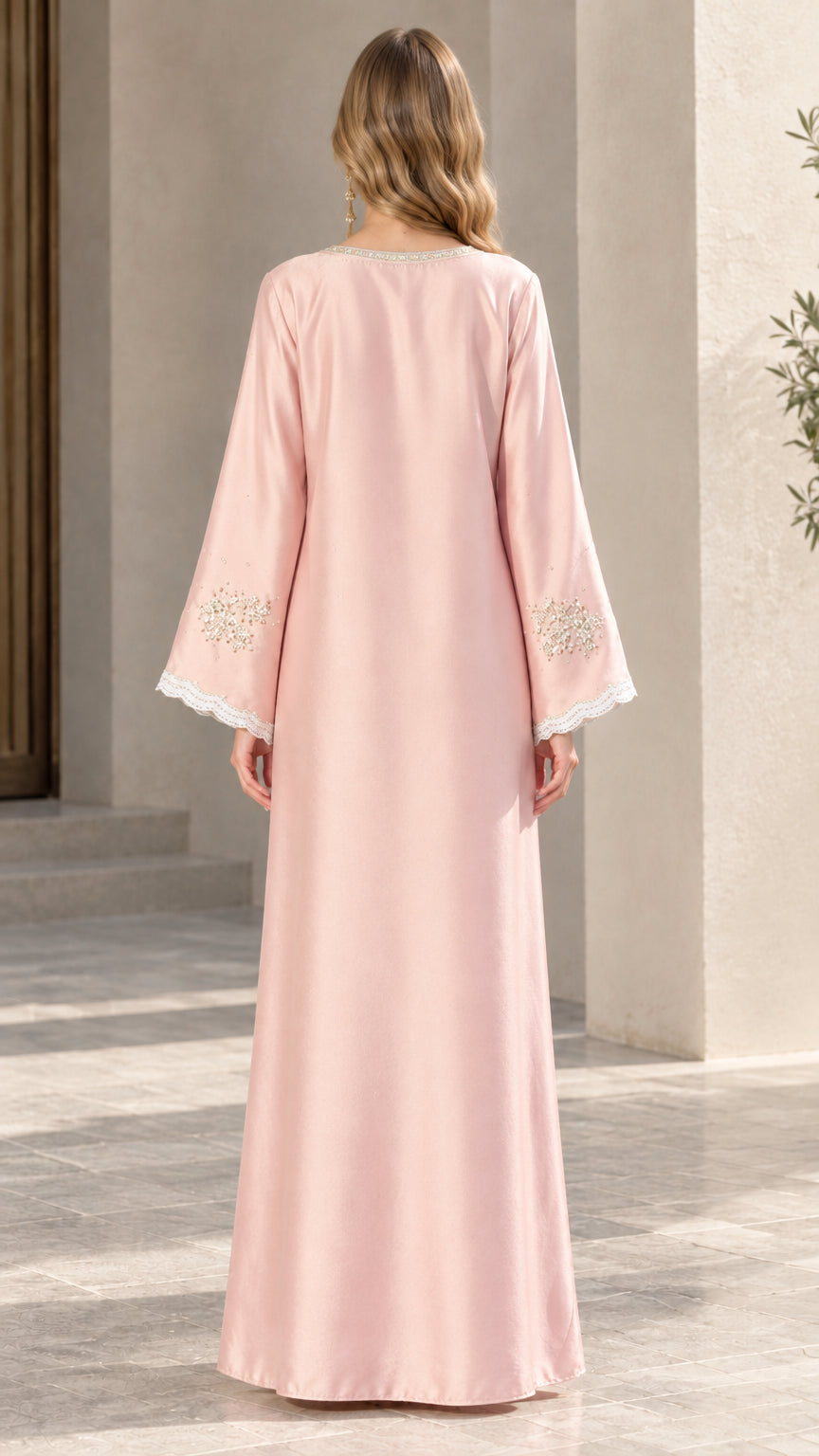 Back view of modest blush pink satin kaftan dress