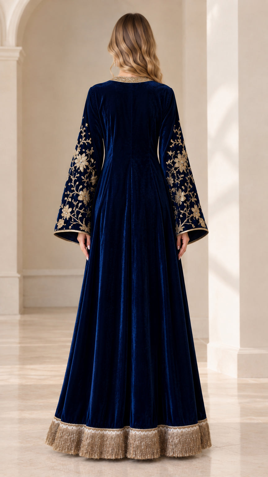 Back view of navy blue velvet embroidered kaftan dress