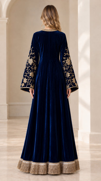 Back view of navy blue velvet embroidered kaftan dress