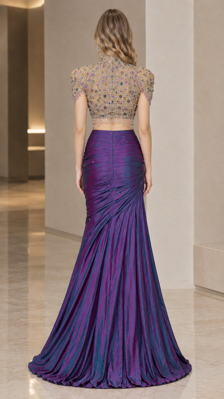 Back view of royal purple two-piece evening gown showing floor-length mermaid train