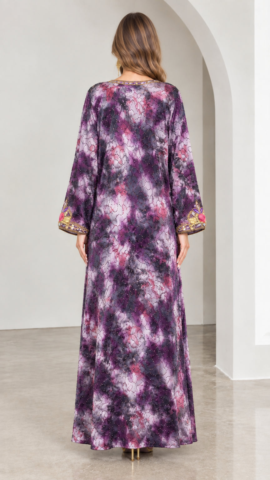 Back view of purple tie-dye long sleeve kaftan maxi dress